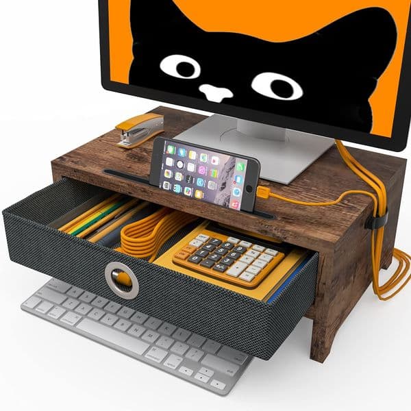 Monitor Stand with Drawer, 15 Inch 2 Tier Wooden Computer Stand for Desktop Monitor Laptop PC Computer Shelf with Storage Drawer for Desk Organizers