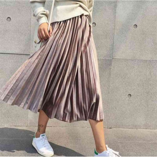 Vintage Plus Size Women Metallic Silver Pleated Long Skirt High Waist Elascity Casual Party Maxi Skirt Korean Fashion Bottoms 210412