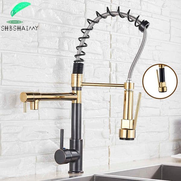 SHBSHAIMY Gold Black Spring Kitchen Faucet Pull Down Dual Spouts 360 Swivel Handheld and Cold Water Mixer Tap 2 Outlets 210724