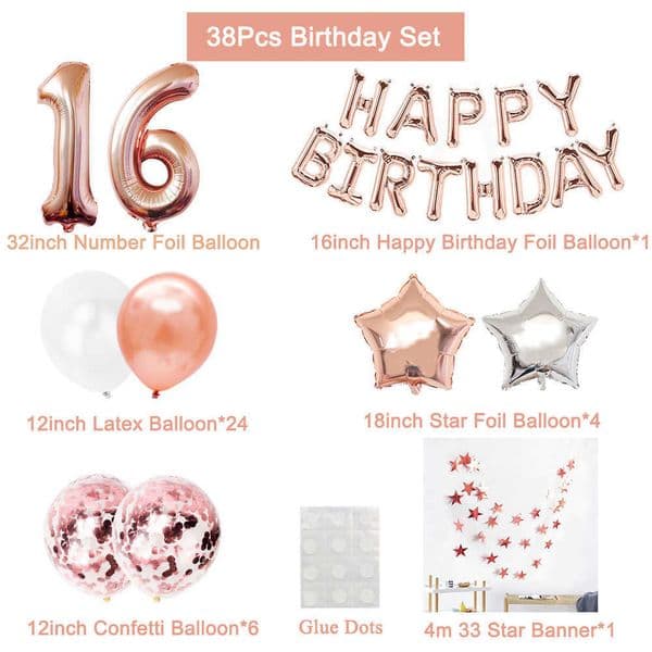 38Pcs Happy Birthday Sweet 16 Party Decorations Balloons Number 16Th Years Old Boy Girl Sixteen 61Th 61 Anniversary Supplies 210626 B2