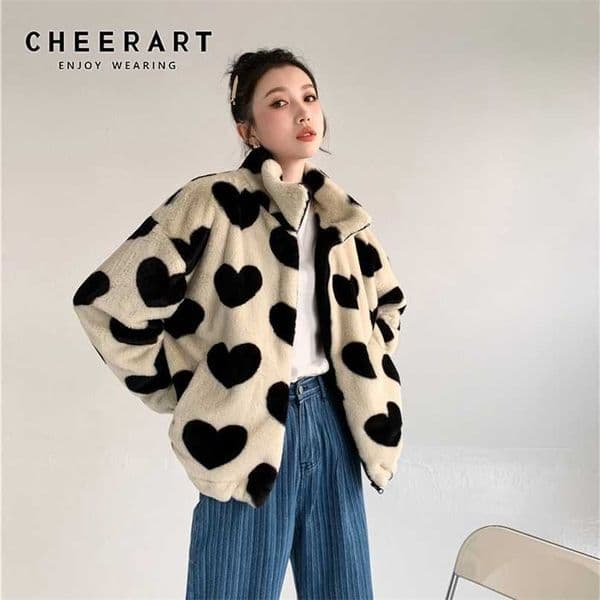 CHEERART Beige Faux Fur Coat Women Heart Print Sherpa Kawaii Fleece Jacket Cute Winter Outerwear Korean Fashion Clothing 211018
