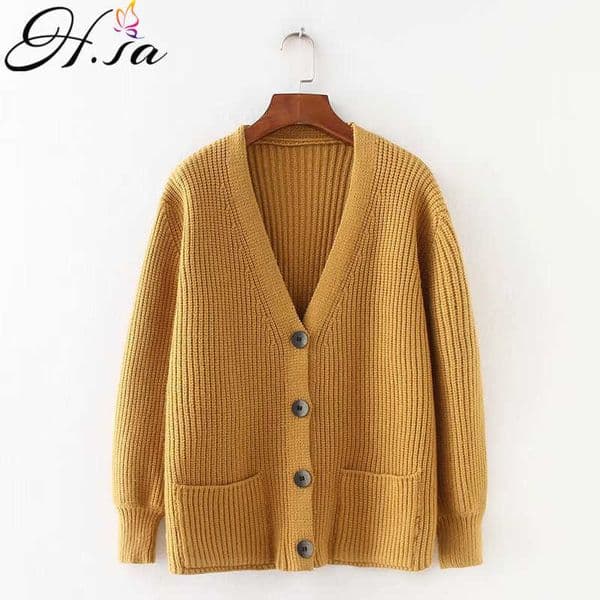 H.SA Women Knitted Sweater Cardigans Long Sleeve V neck Button Pocket Korean Knit Jacket Loose Cardigans Cashmere Tops 210716