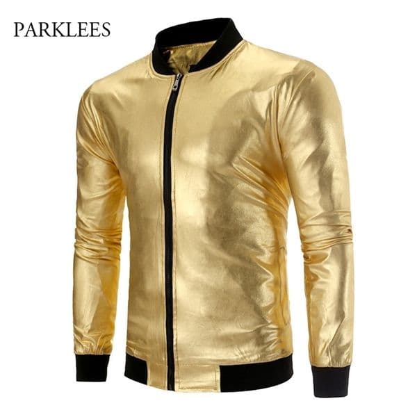 Shiny Coated Metallic Nightclub Bomber Jacket Men Brand Stand Collar Slim Fit Patchwork Jackets Mens Hip Hop Veste Homme X0621