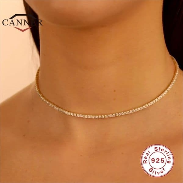 CANNER 925 Sterling Silver Hip Hop 2.0mmCZ Tennis Necklace For Women Gold Color Chain Choker Necklaces Fine Jewelry Collares 210330