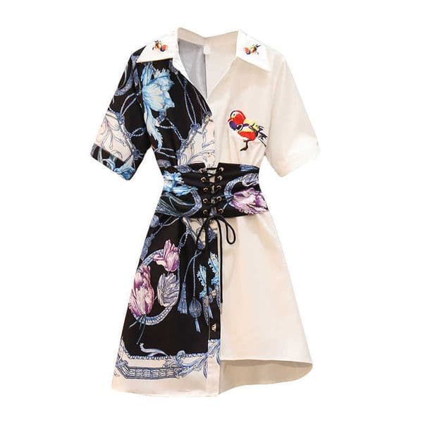 PERHAPS U Women Turn Down Collar Shirt Dress Short Sleeve Belt Sash Lace Up Floral Embroidery D2138 210529