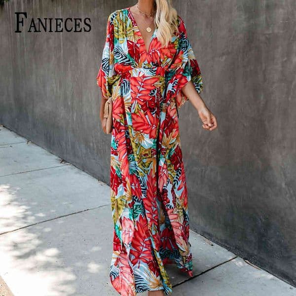 Women Boho Summer Dress Holiday Maxi Loose Sundress Floral Print Long Sleeve Elegante Cocktail Party Dresses vestido de mujer 210520