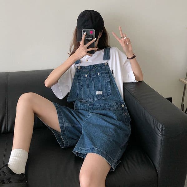 SML Summer korean preppy style Jumpsuit Denim Overalls Casual Girls blue Jeans Shorts womens (78500) 210423