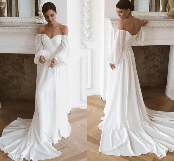 2022 Bridal Gowns Off Shoulder Chiffon Beach Wedding Dresses Long Sleeves Simple Boho With Train For Women Robe Mariage