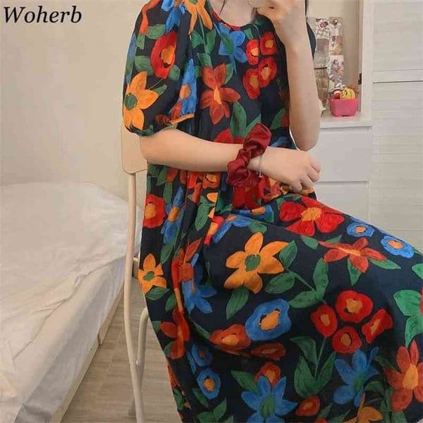 Maxi Dress Women Cotton Vintage Floral Dresses Summer High Waist Slim Loose Vestidos Mujer Korean Chic Elegant Robe 210519