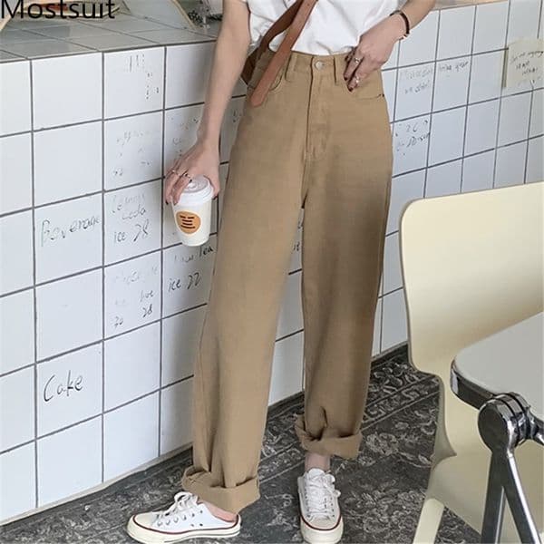 Khaki High Waist Wide Leg Pants Trousers Women Full-length Loose Casual Fashion Korean Solid Basic Cargo 210514
