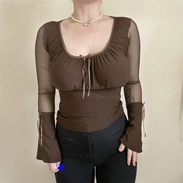 women flare full sleeve tshirt slim elegant slim mesh patchwork transparent high street vintage T shirt femme tops 210419