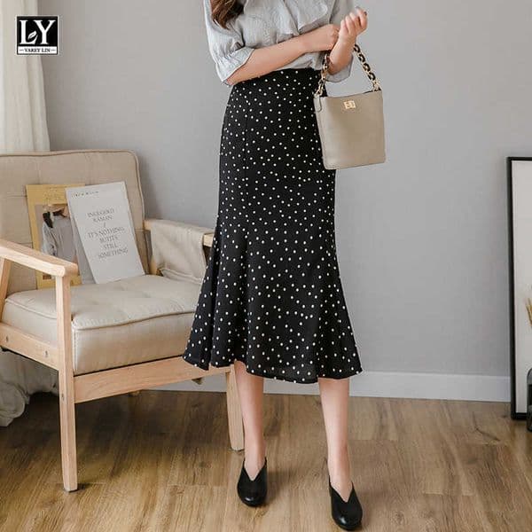 LY VAREY LIN Summer Women Sweet Chiffon Polka Dot Medium Mermaid Skirt Casual Female High Waist Black White Skirts 210526