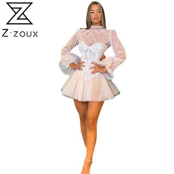 Women Dress Lantern Sleeve Mesh Lace Perspective Sexy Long Plus Size Summer es 210513
