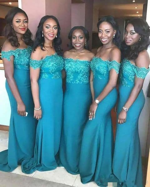 Mermaid Turquoise Bridesmaid Dresses Lace Applique Off The Shoulder Chiffon Sweep Train Custom Made Plus Size Maid Of Honor Gown