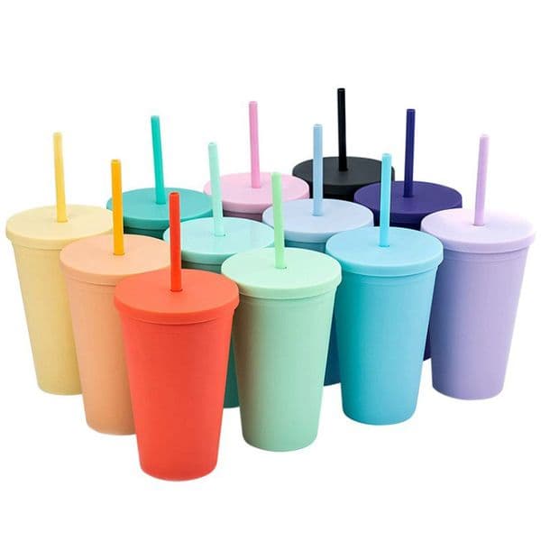 2021 16OZ Straight Tumblers Double Layer Drinking Juice Cup With Lip Straw Coffee Mug Costom Plastic Cups Many Colors FY4421
