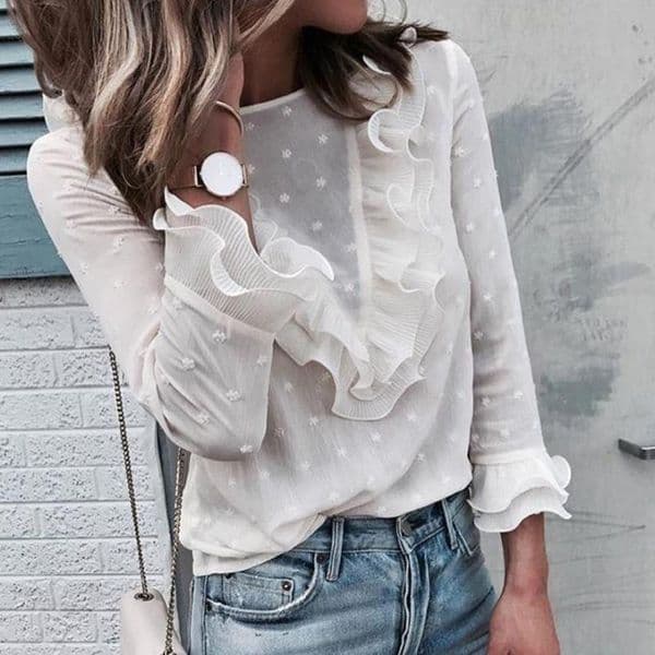 Women Ladies Blouses And Tops Casual Ruffles Lace Polka Dot O Neck Shirt Long Sleeve Blouse blusas mujer de moda 210419