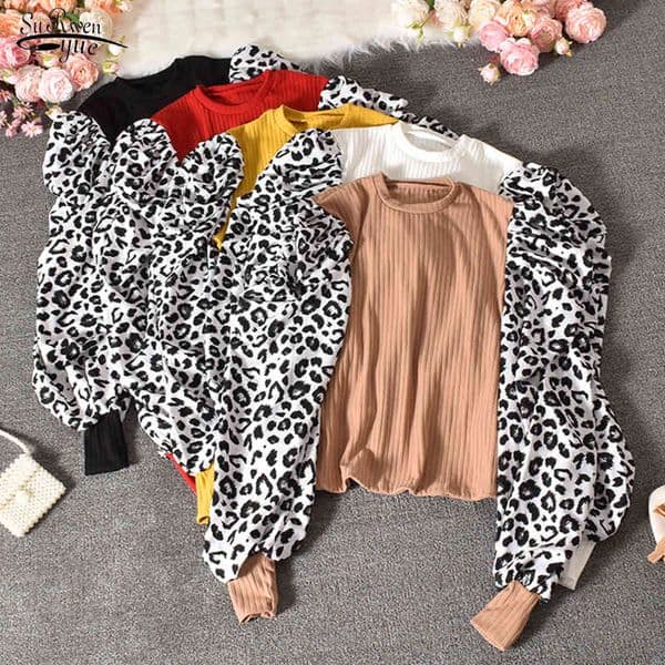Autumn Loose Vintage White Shirt Women Stitching Puff Sleeve Top Leopard Cotton Blouses Casual Blusas 12065 210508