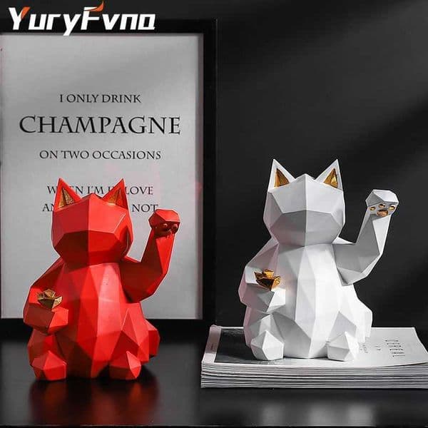 YuryFvna Geometric Animal Statue Lucky Cat Collectible Figurine Feng Shui Successful Career Luck and Fortune Charm Good Health 210804