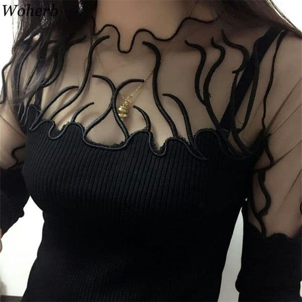 Black Sweater Women Half Turtleneck Long Sleeve Pullovers Lace Patchwork See Through Slim Knit Tops Korean Fashion 90961 210422