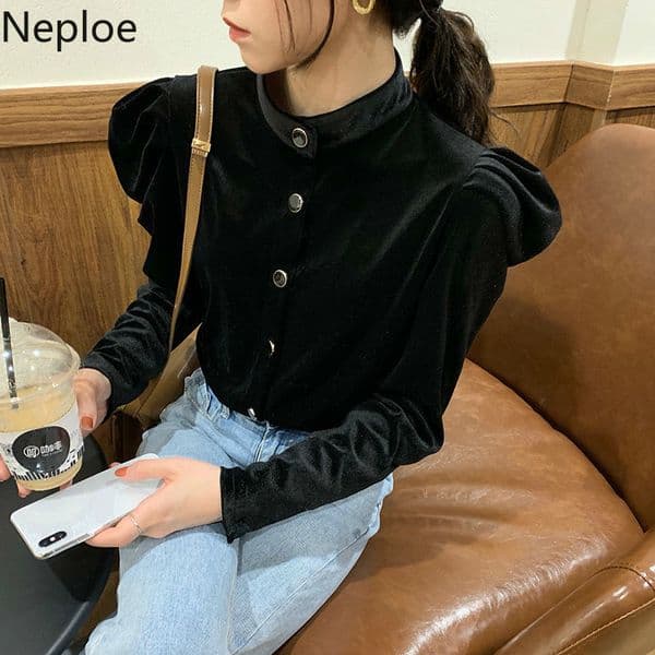 Neploe Shirts Woman Blouses Stand Neck Puff Sleeve Velvet Blouses Women Fall Clothes Chic Elegant Blouse Black Blusas Tops 210422