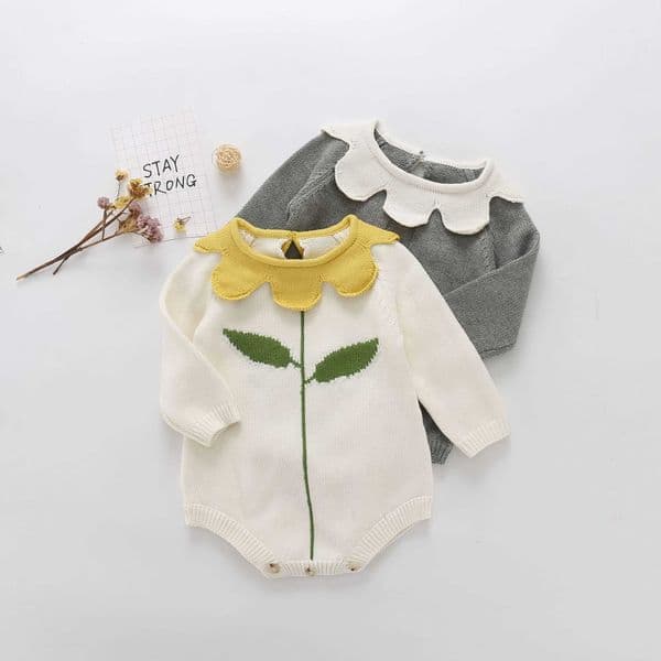 Baby Girls Sunflower Knitting Rompers born Knitted Romper for Toddler Petal Collar Jumpsuit infant Long Sleeve Bodysuit 210615