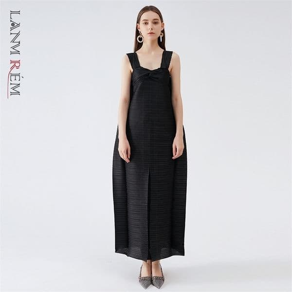 Summer Dress Square Collar Loose Casual Pleated Suspender Black Bandage Large Size Long Length 2D1738 210526