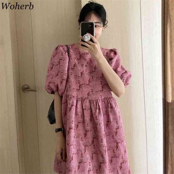Pleated Dress Women Summer Sweet Boho Mini Dresses Vintage Short Puff Sleeve Robe Female Casual Party Holiday Korean 210519
