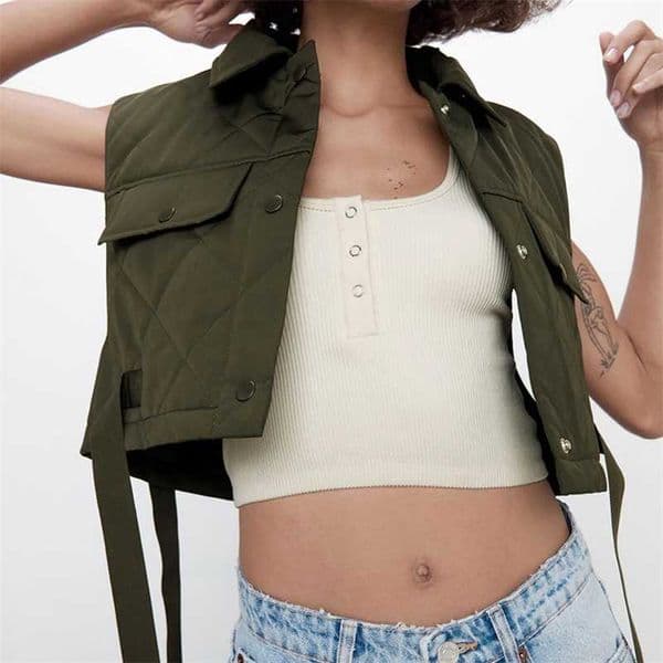 Stylish Chic Green Pocekts Quilting Cropped Vests Women Fashion Side Buttons Tie Turn-down Collar Waistcoat 211008