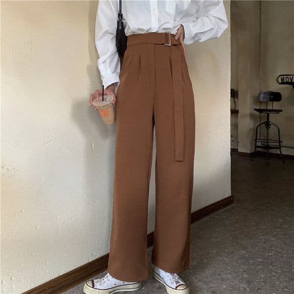 Chic Vintage Straight Solid Casual Loose Brief Retro High Waist Slender Autumn Women Quality Trousers 210421