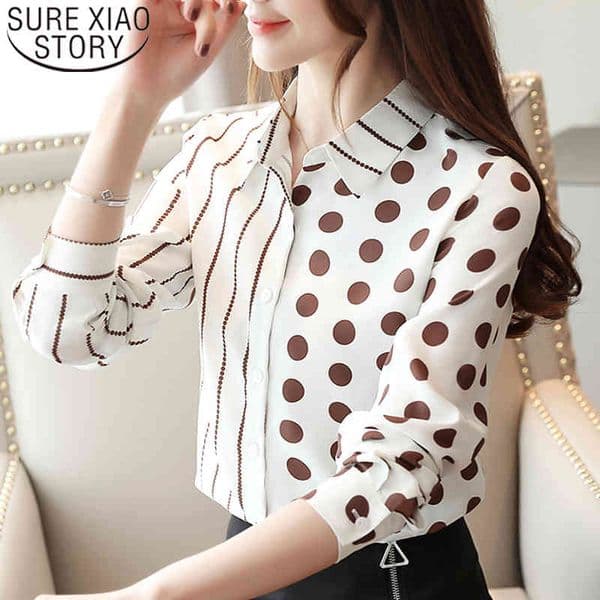 Autumn Office Long Sleeve Chiffon Blouse Button Striped Dot V-Neck Korean Blusas Top For Women 7185 50 210415