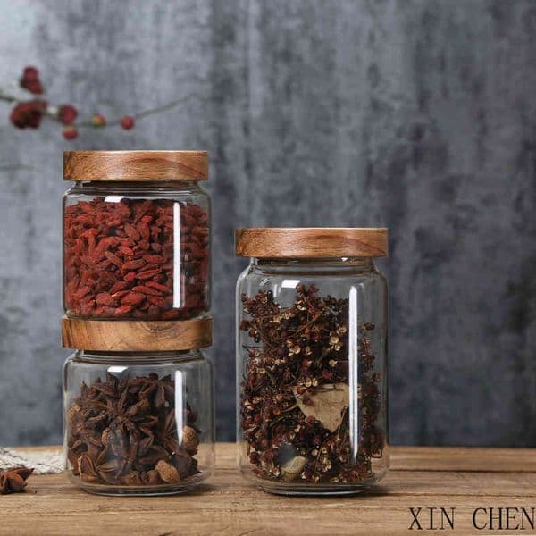Kitchen Storage Wood Lid Glass Airtight Canister Bottles Jars Food Container Grains Tea Coffee Beans Grains Candy Jar Containers 210331