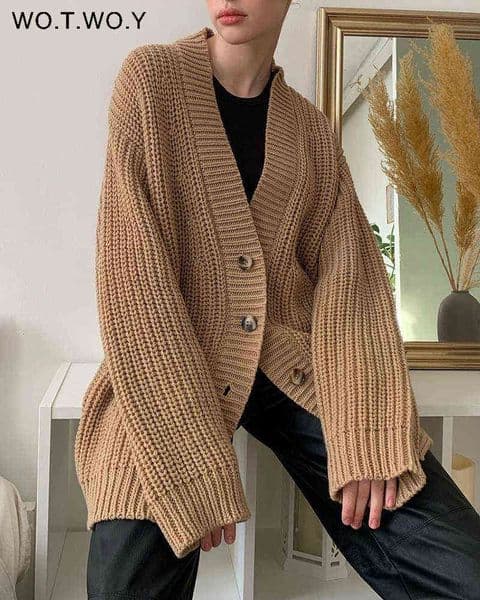 WOTWOY Autumn Winter Casual Oversized Knitted Cardigan Women Button V-Neck Loose Sweater Coats Female Korean Long Sleeve Jumper 211117