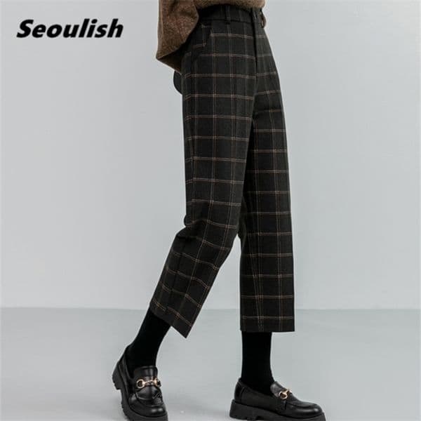 Seoulish Autumn Winter Woolen Plaid Women Formal Straight Pants High Waist Ankle-Length Chic Loose Ladies Pocket 211115