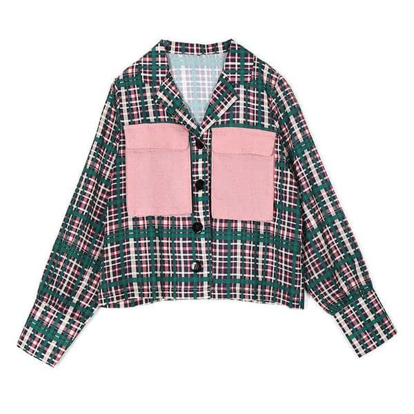 PERHAPS U Green Plaid Chiffon Long Sleeve Button Pocket Turn Down Collar Shirt Blouse Top Office Lady Fall B0669 210529