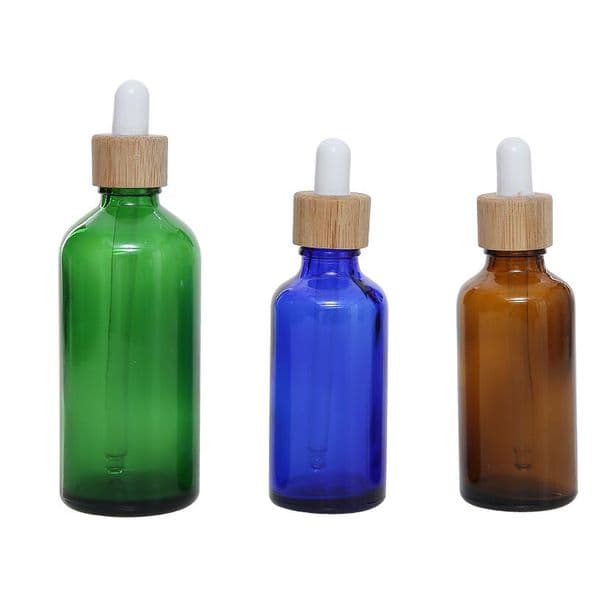 wholesale Glass Dropper Bottle 15ml 30ml 50ml with Bamboo Cap 1oz Wooden Clear Amber White Essential Oil Bottles