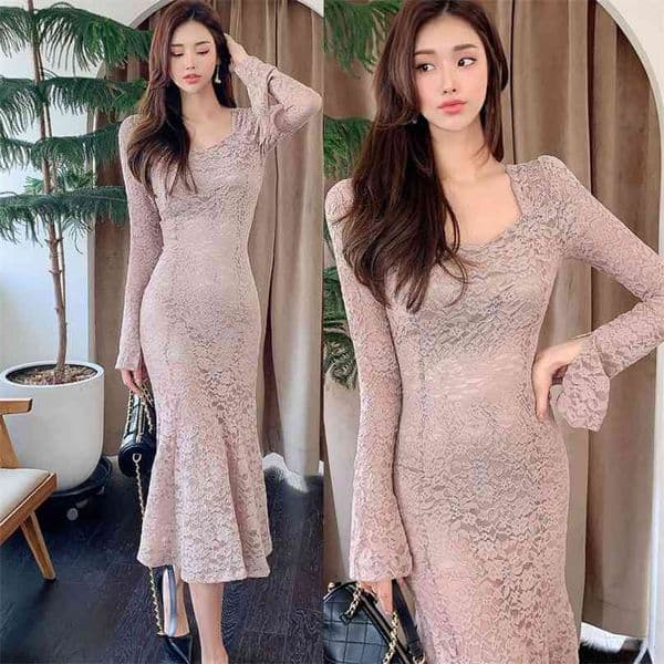 see through Lace maxi dress korean ladies Pink Long SLeeve square neck Sexy Party Dresses for women china clothing 210602