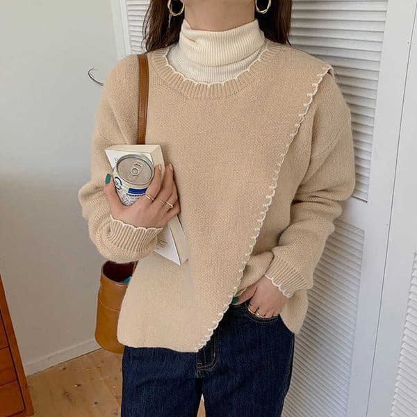 Qooth Winter Autumn Women Plain Color Long Sleeve Sweater Pullovers Warm Knitted Loose Split Short Jumper QT316 210609