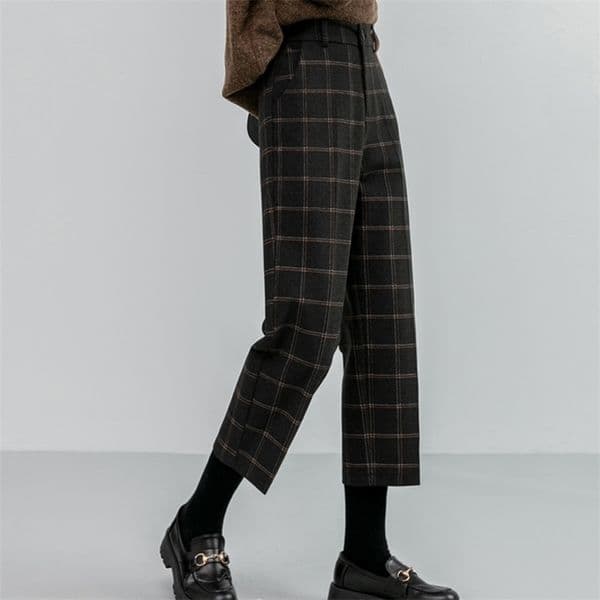 Chic Woolen Plaid Autumn Winter Women's High Waist Formal Straight Pants Loose Ankle-Length Female Boots Plus Size 211115