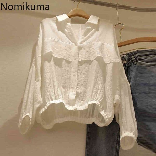 Nomikuma Spring New Ruffle Patchwork Women Tops and Blouse Korean Long Sleeve Turn-down Collar Shirt Slim Waist Blusa 6F132 210427