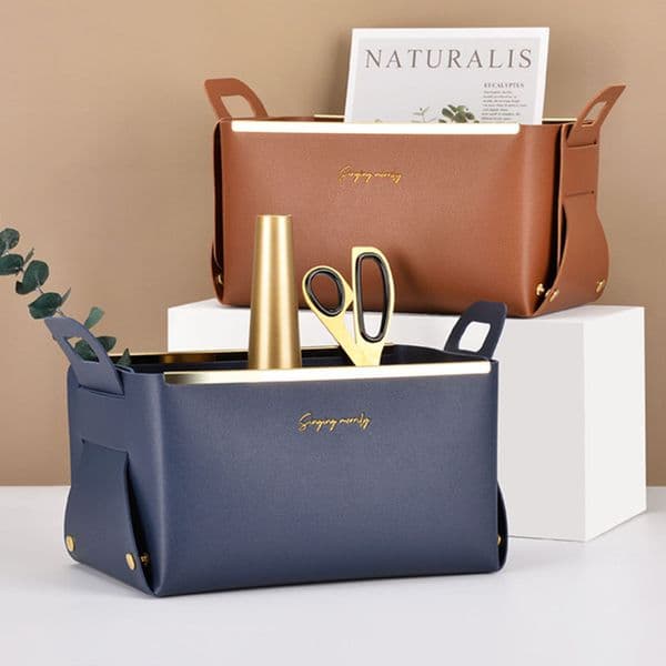 DIY PU Desktop Storage Basket Container Organizer Leather Home Bags Sundries Underwear Toy Box
