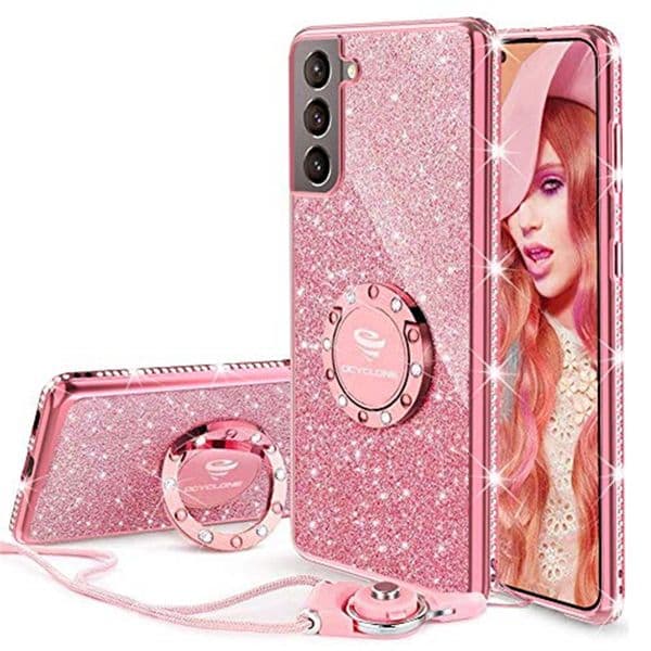 Women Girls Glitter Cute Phone Cases with Ring Kickstand Bling Diamond Rhinestone Bumper Protective Soft Case for Galaxy Samsung S22 S21 S20 iPhone 14 13 12 11 Pro Max