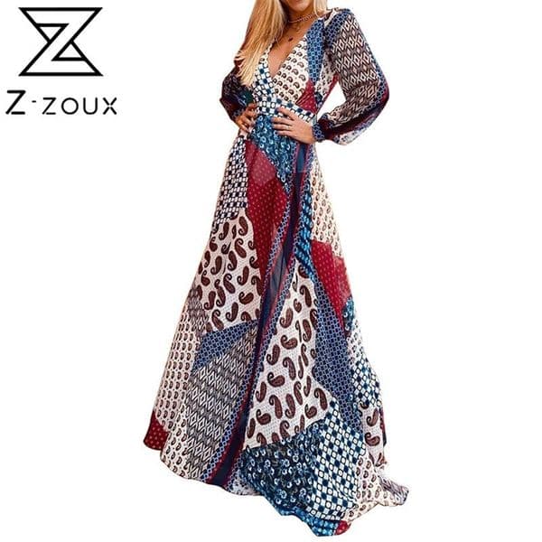 Women Dress Temperament Deep V Neck Backless Bohemia Sexy Long Print Floral Maxi es Plus Size Ladies es 210513
