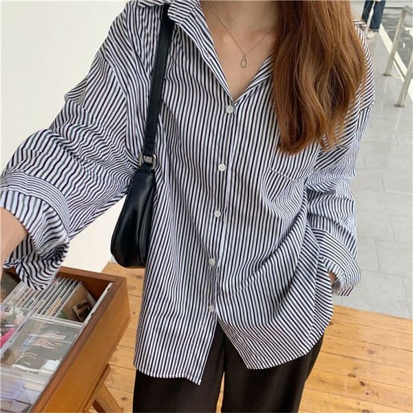 Loose Striped Full Sleeves Chic Women Pockets High Quality Streetwear Students Tops Geometric Casual Shirts 210421