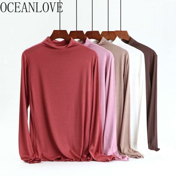 Half Turtleneck T Shirt Women Solid All Match Autumn Winter Thin Ropa Mujer Casual Stretch Modal Tops Tee 17897 210415