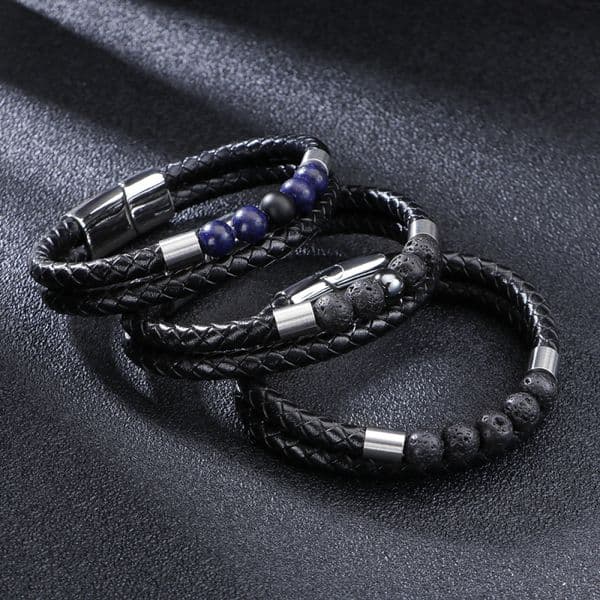 Cool Man Jewelry Natural Lava Stone Bead Strand Bracelet Black Braided Leather Magnetic Buckle Bracelets