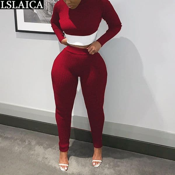 Two Peice Set for Women Long Sleeve Top&long Pants Knitted Piece Outfits Autumn Causal Streetwear Tracksuit 210520