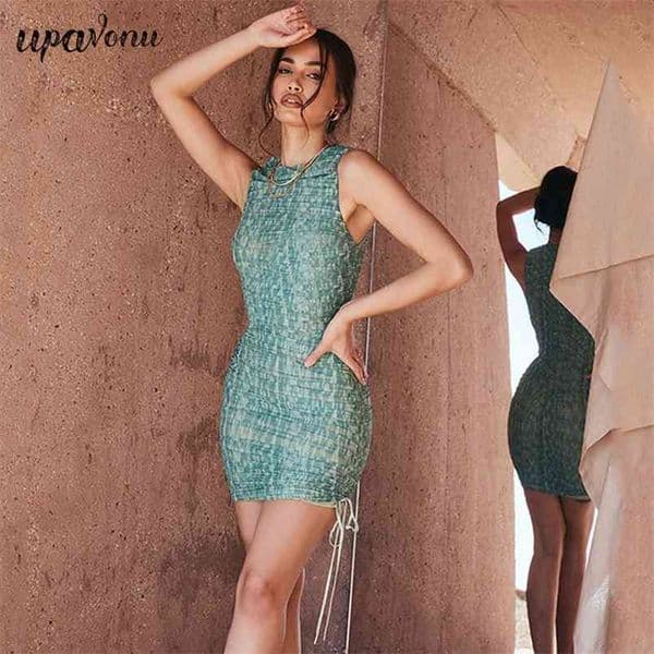 Free Women's Fashion Vest Style Dress Summer Sleeveless Printed Drawstring Tight Mini Nightclub Party Women 210524