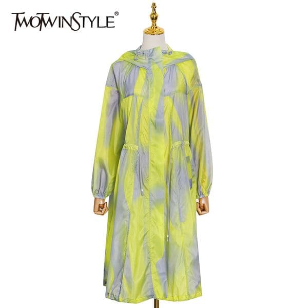 Loose Drawstring Print Coat For Women Hooded Long Sleeve Hit Color Casual Coats Female Fashion Clothing 210524