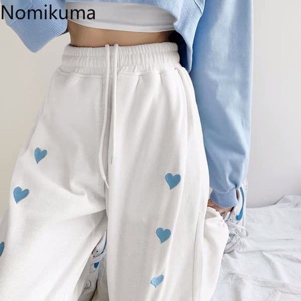 Nomikuma Sweatpants Women Korean Love Heart Embroidery Trousers Causal Lace Up High Waist Harem Pants New 6F776 210427