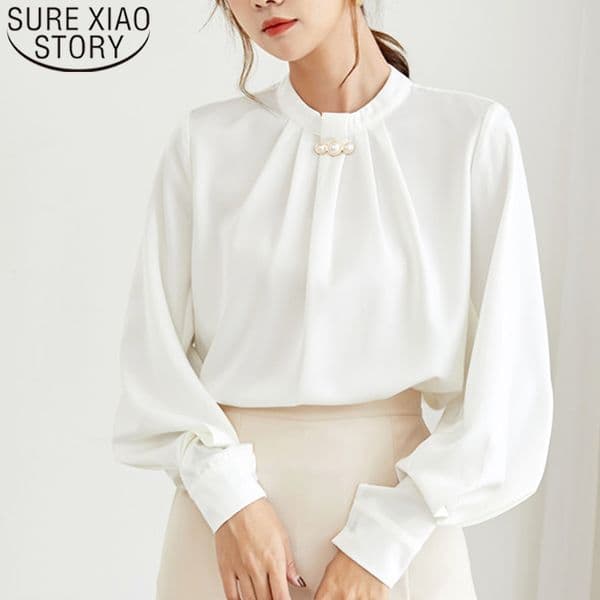 Fashion Ladies Solid White Shirts For Women Tops Chiffon Blouse Beading Stand Lantern Sleeve Full 7015 50 210415